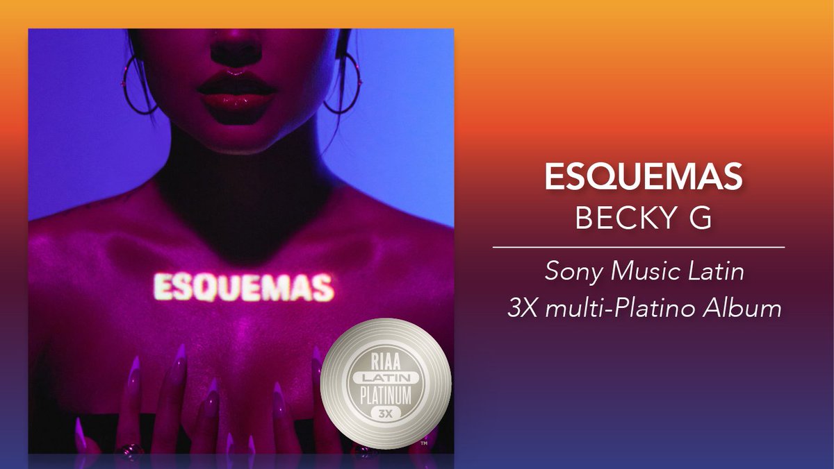 RIAA's tweet photo. #ESQUEMAS is 3X multi-Platino in less than 5 months, @iambeckyg 🤯! Other tracks off the album are RIAA certified too: #MAMIII is 23X Diamante-certified💎, #BAILECONMIEX is Platino 💿 &amp; #NOMIENTEN is Oro 📀! @SonyMusicLatin https://t.co/S3v6LPbA7a