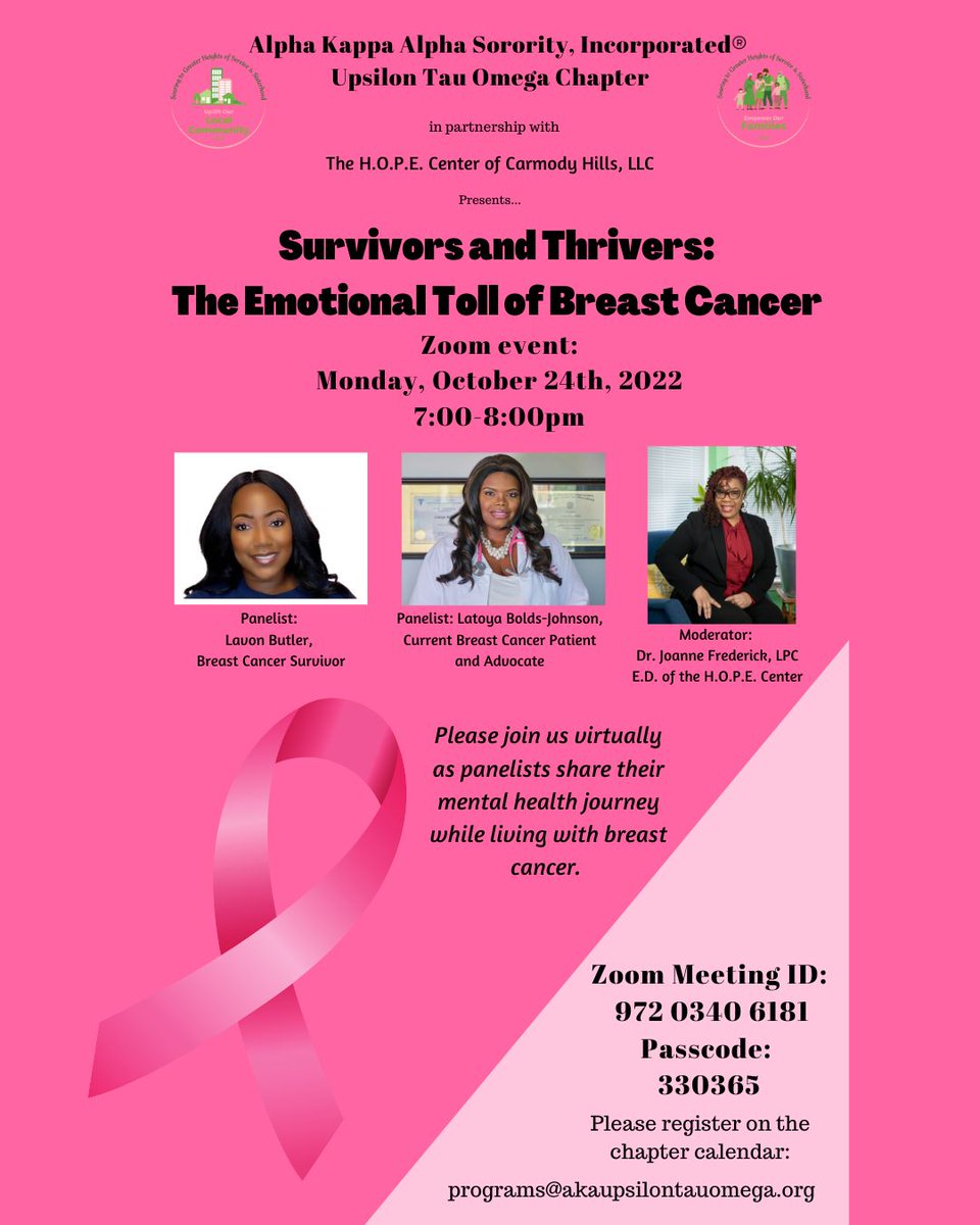 UTOAKA1908's tweet photo. October is Breast Cancer Awareness Month. Please join the ladies of Alpha Kappa Alpha Sorority, Inc. Upsilon Tau Omega chapter on Monday, October 24th as we discuss the mental health toll on breast cancer survivors and thrivers.

#AKAUTO #BreastCancerAwareness

@akasorority1908 https://t.co/aT8QLIXdPP