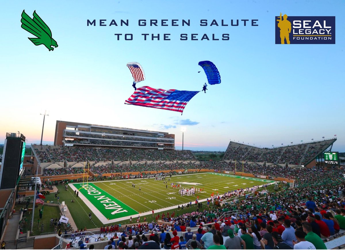UNTsocial's tweet photo. Look to the sky at Apogee Saturday before the @MeanGreenFB and @LATechFB kickoff to see the U.S. Navy SEALs skydive into the stadium. @UNTKappaSig and @SEALLegacy are teaming up to raise awareness for wounded and fallen U.S. Navy SEALs and their families. https://t.co/s8GwJiogpg https://t.co/1oU3sypJ71