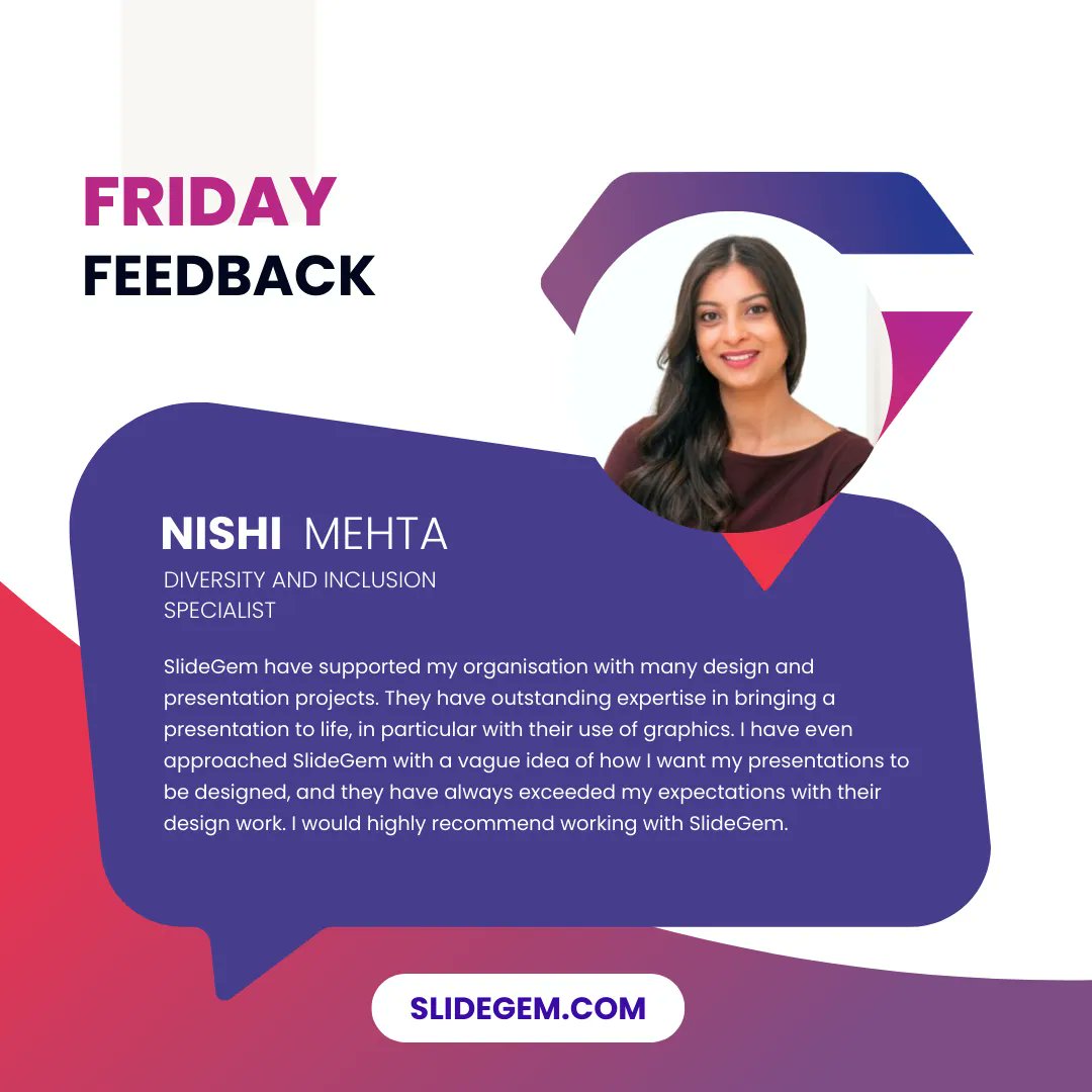 SlideGem's tweet image. Thank you for being part of the story! #clientlove
Contact us today:
📨 Email: Hi@slidegem.com
📲 WhatsApp: +92 3096 302626
.
.
.
#FridayFeedback #SlideDesigner #ProPresentationDesigner
#testimonial #Powerpoint #designthinking #visualdesign