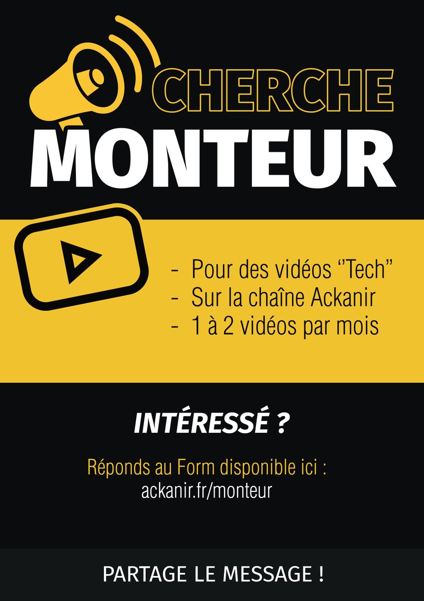 Ackanir's tweet photo. Je relance ma recherche d'un monteur !

Si vous êtes intéressé, c'est par ici :
▶️ https://t.co/nEvbgjZN5h

Si vous connaissez un monteur, que vous travaillez avec quelqu'un qui est libre... Taggez-le ici !
Merci ! https://t.co/WVN3QZFbF6