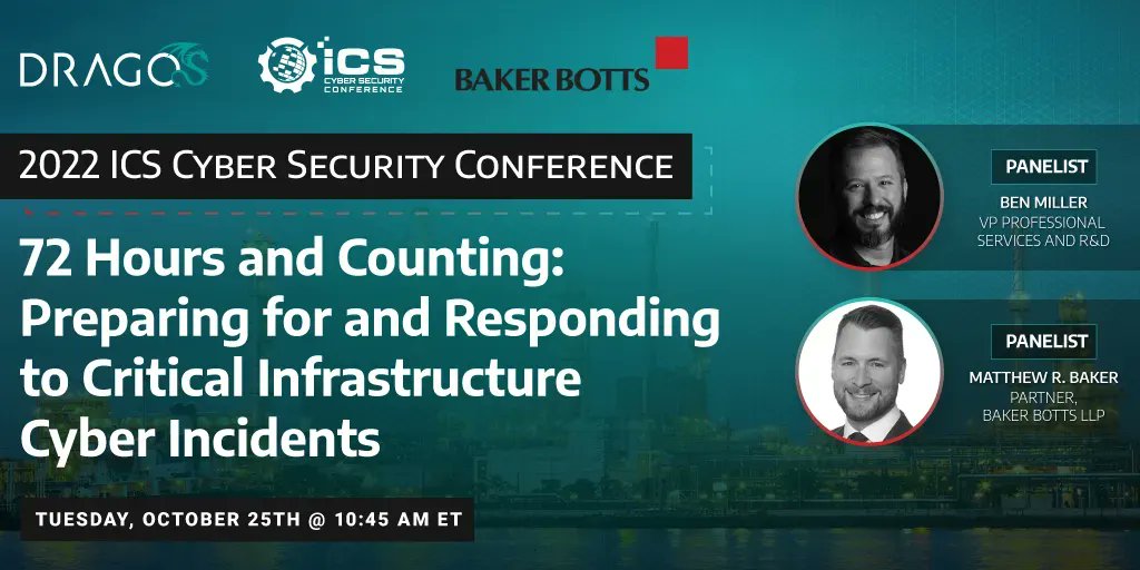 DragosInc's tweet photo. Going to the @SecurityWeek ICS Cyber Security Conference in Atlanta? Don't miss this Dragos speaking session with @electricfork and @bakerbotts, and be sure to stop by our booth S14 to chat. Learn more at: https://t.co/gLoZ3gZGnF #OTsecurity #ICSsecurity #ICSCC22 https://t.co/udaQxZhOix