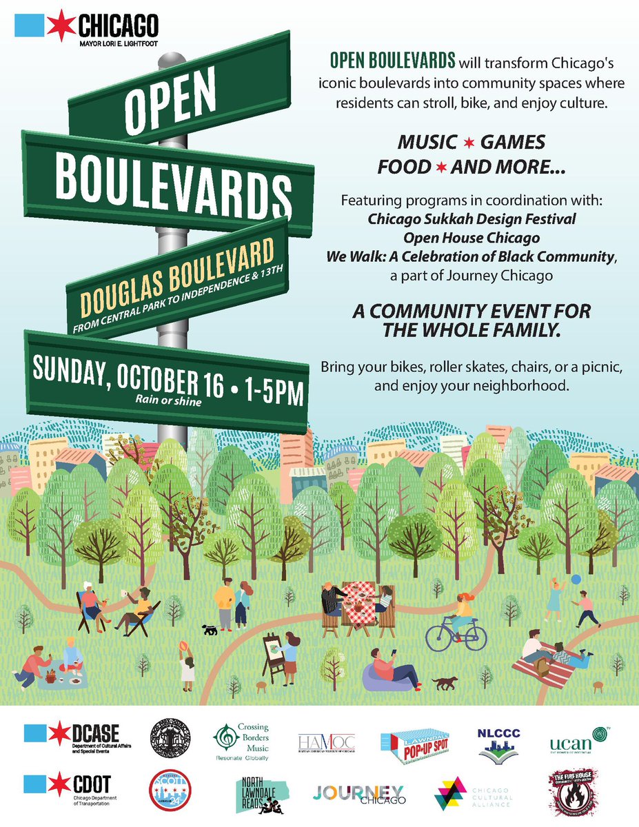 ChicagoDOT's tweet photo. Come on out to #OpenBoulevards this Sunday, October 16th in North Lawndale! Douglas Blvd will be closed to cars and open to people between Central Park to Independence &amp; 13th. https://t.co/L6VbMzRXT8