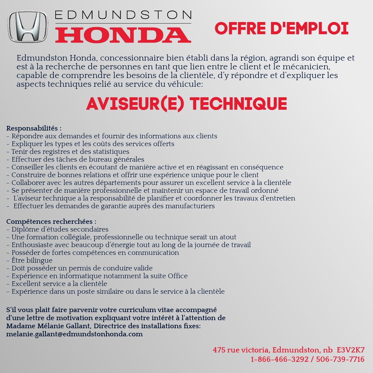 [Offre d'emploi]
Aviseur(e) technique
Edmundston Honda
#emploinb #edmundston #concessionnaire