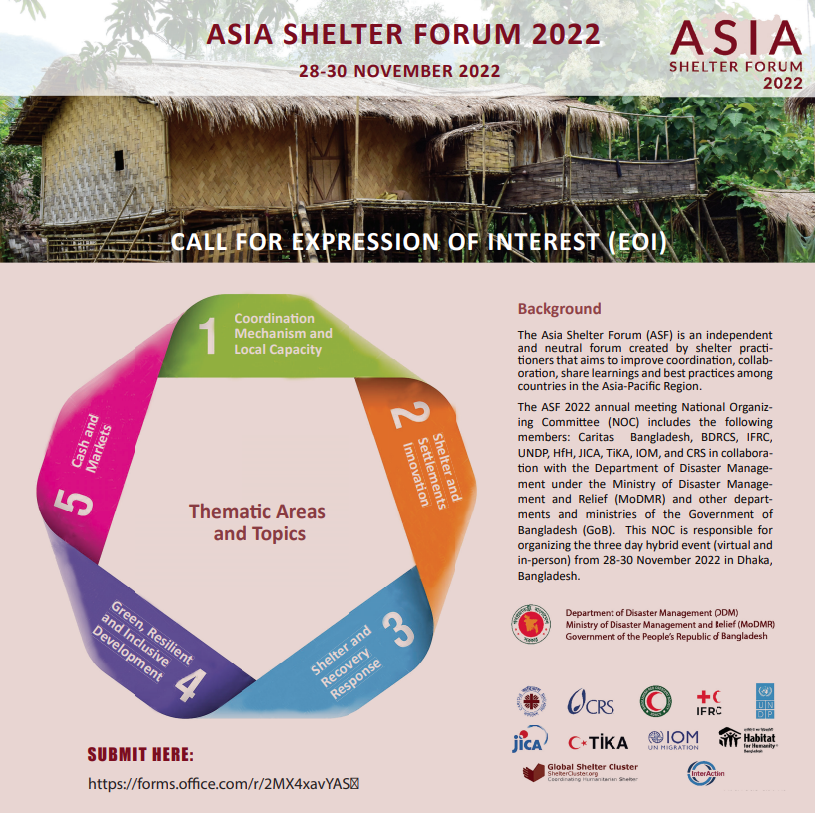 💡 EVENT: Asia Shelter Forum

📢 Call for Expression of Interest (EOI) to present and/or facilitate discussion

📆 November 28-30
📍 Dhaka, Bangladesh &amp; virtually

Tap the 🔗 to register &amp; for more info.

🔗 bit.ly/3eq94yo 👈