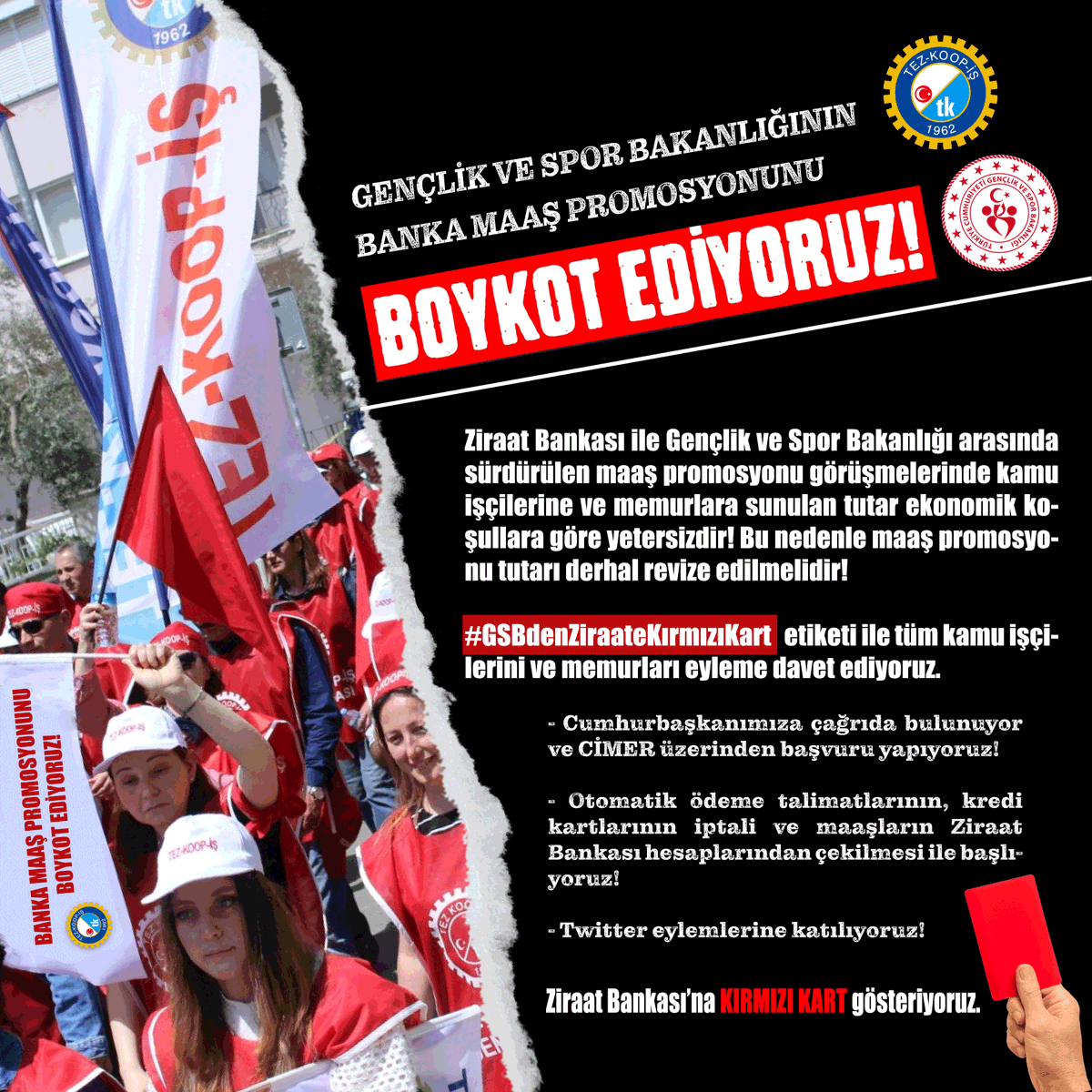 Ziraat Bankası ile GSB arasında sürdürülen maaş promosyonu görüşmelerinde sunulan tutar ekonomik koşullara göre yetersizdir!
#GSBdenZiraateKırmızıKart  etiketiyle tüm kamu işçilerini ve memurları eyleme davet ediyoruz. <a href="/tcbestepe/">T.C. Cumhurbaşkanlığı</a>  <a href="/gencliksporbak/">Gençlik ve Spor Bakanlığı 🇹🇷</a> <a href="/kasapoglu/">Dr. Mehmet Kasapoğlu</a> <a href="/ziraatbankasi/">Ziraat Bankası</a>