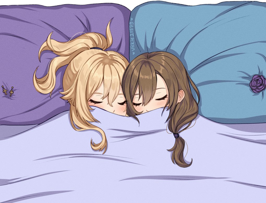 jean (genshin impact) ,lisa (genshin impact) multiple girls 2girls closed eyes brown hair sleeping blonde hair pillow  illustration images