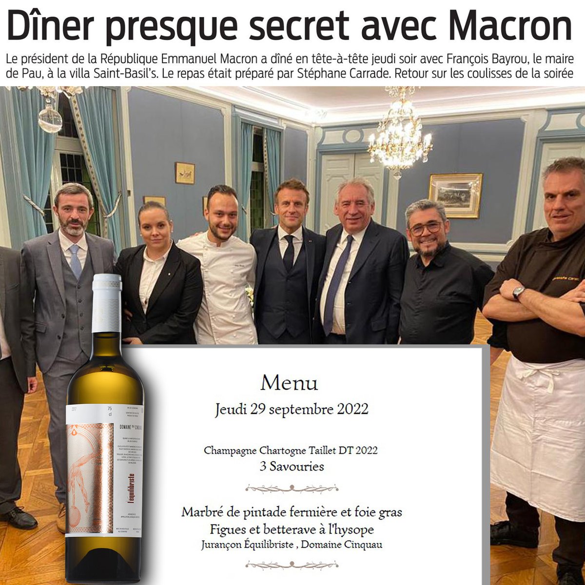 cinquau's tweet photo. Fiers d’avoir été choisi pour ce repas d’exception à la veille de l’inauguration du nouveau Foirail à Pau. Notre Jurançon Sec L’Équlibriste en très bonne compagnie !

@lavillanavarre @EmmanuelMacron @bayrou  #cinquau #jurancon #juranconsec #whitewine #bearn https://t.co/T0CZOeZIxV