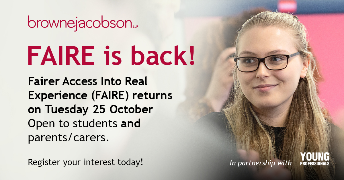 brownejacobson's tweet photo. Our FAIRE (Fairer Access Into Real Experience) event is back!
Join us on Tuesday 25 October to get insights from some of the most successful people in the legal sector to discover how you can start your career in law.
Register now: https://t.co/qRXtHuTOVR.
#FAIREAccess https://t.co/hQ3bTmc7a9