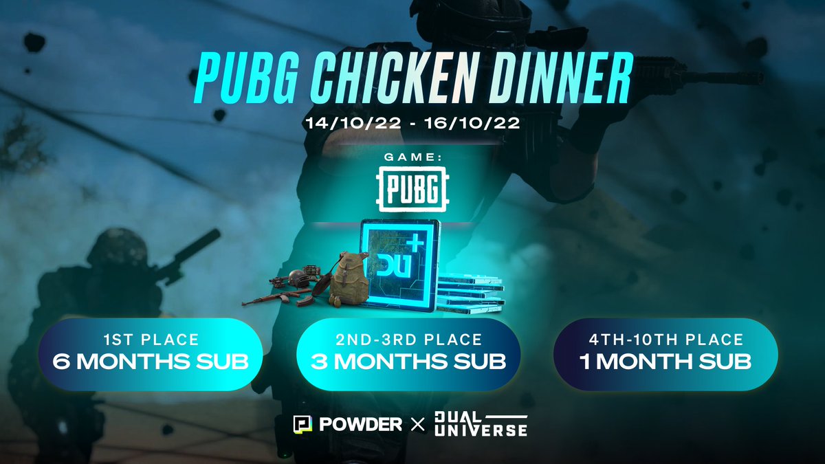 Powder_video's tweet photo. @Powder_gg X @dualuniverse
The first @PUBG challenge is live in #powderpc π₯
If you're tired of those Chicken Dinners since 2017, join the challenge and get @dualuniverse subscriptions for FREE! π₯³
π΄ Ends: Sun Oct 16, 9pm GMT https://t.co/prh7pYMFLb