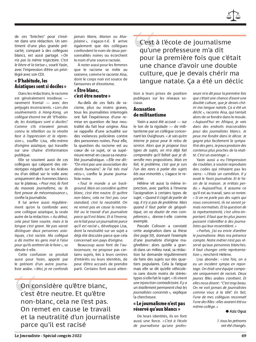 Aziz_Oguzz's tweet photo. Pour le 104e congrès du @SNJ_national , nous publions dans "Le/La Journaliste" un dossier sur la place des journalistes racisé-e-s dans la profession. Entre témoignages et analyse, histoire d'une (trop) lente évolution https://t.co/z776qito2D
