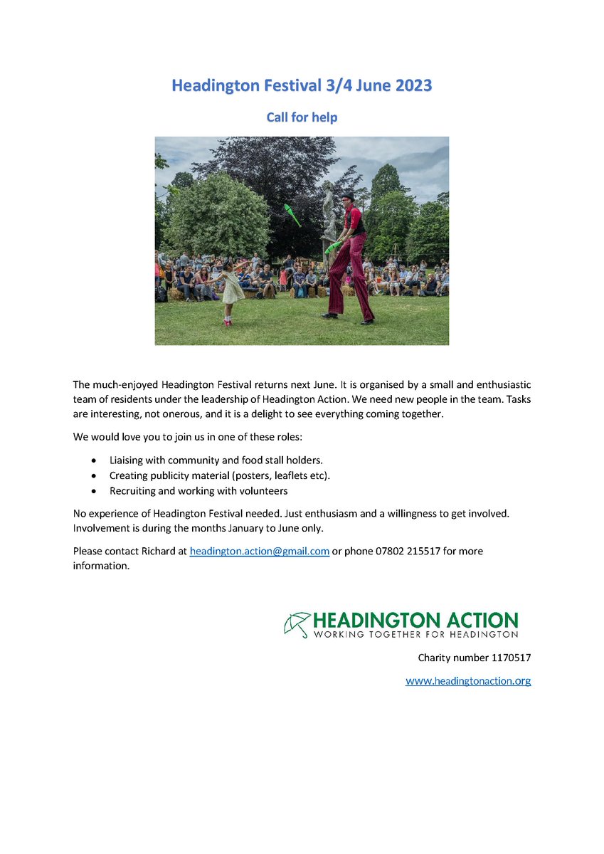 Headington Action is seeking additional people to join the team organising Headington Festival 2023. Without help there will be no festival. Please get in touch if you are interested. It’s fun and of great community value. See below.