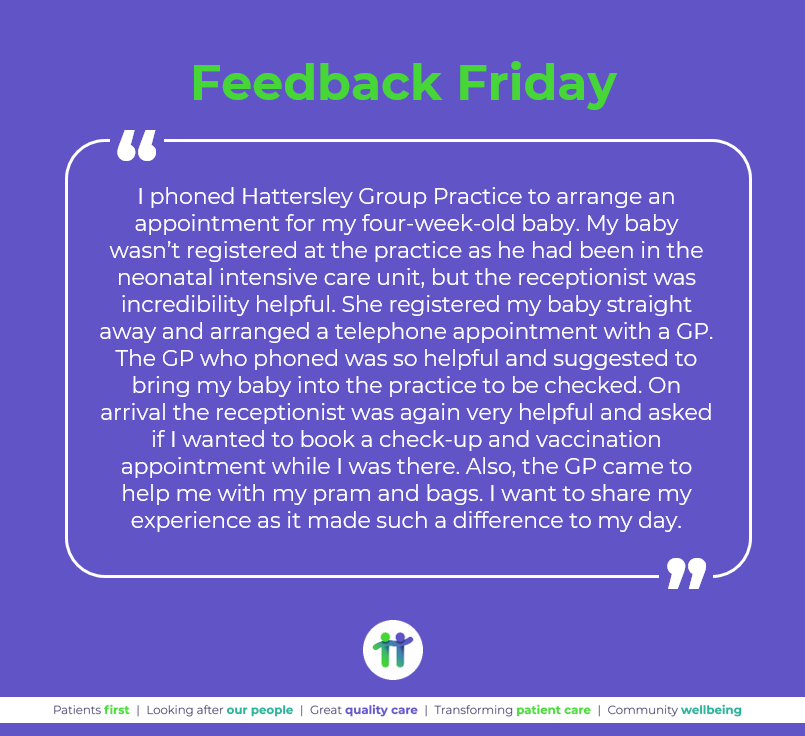 gtdhealthcare's tweet photo. Today is #FeedbackFriday! A patient shares how the practice staff at Hattersley Group Practice made a positive difference to her day.
#PutPatientsFirst 
#GiveGreatQualityCare #LeadTheWayInTransformingPatientCare #ContributeToTheWellbeingOfLocalCommunities https://t.co/kyc3TiWo8c
