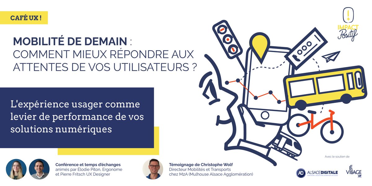 impact_positif's tweet photo. #CaféUX
📆Jeudi 20 octobre à 13h nous vous invitons à notre #webinaire sur la #mobilité ! 
Ou plus précisément sur l’#UX comme levier d’innovation dans ce secteur de plus en plus concurrentiel. 
🗨️Avec le témoignage de Christophe Wolf de @MulhouseAgglo 
➡️ https://t.co/GzcrdeXfjf https://t.co/6ijxGOYfUS
