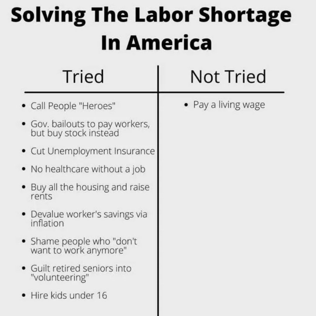 SEIU's tweet photo. 💡 Radical idea: It’s time to stop calling it a #LaborShortage, it’s a wage shortage! #RaiseTheWage https://t.co/8lsI2yPqhN
