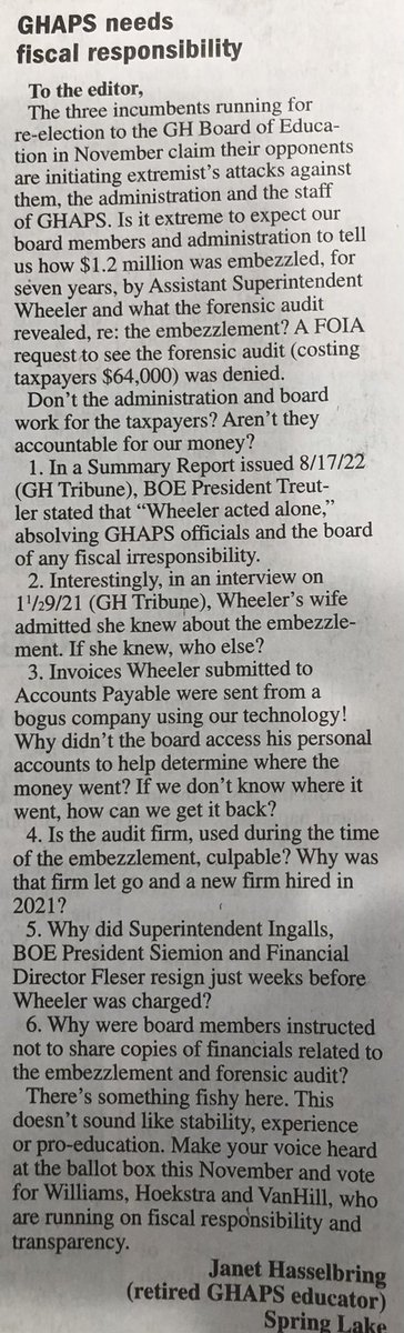 RestoringOttawa's tweet photo. Here’s an excellent letter to the editor regarding the embezzlement. #GHAPS https://t.co/0YtdoaONY3