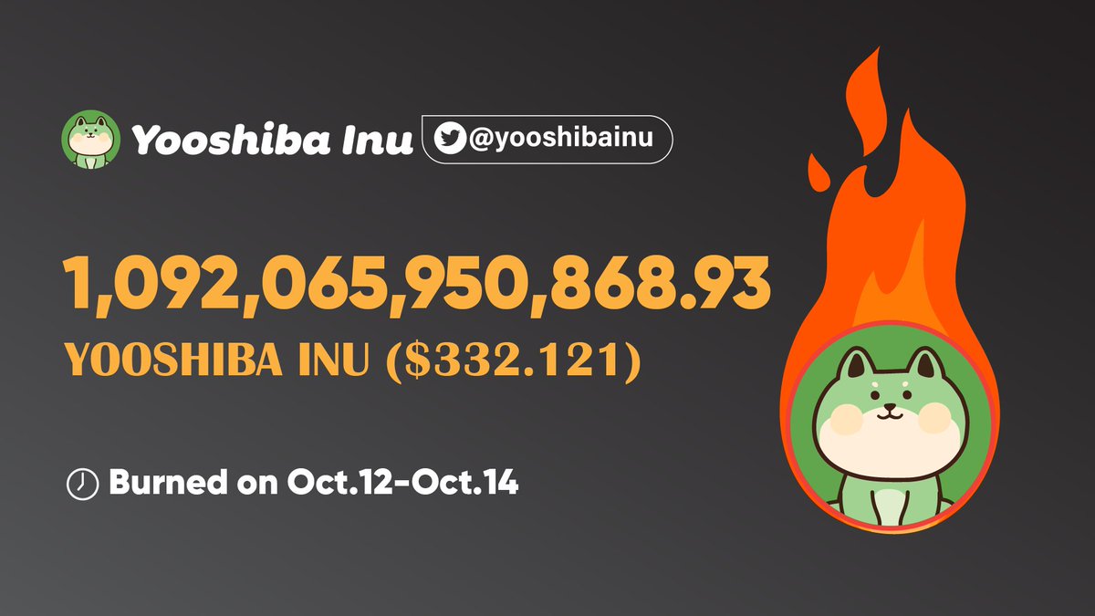 Daily $YSHIBAINU Burn Update ‼️

Tokens Burned from buying, selling and transfer.

Date Covered: October 12, 2022 - October 14, 2022 UTC.

Total Burned Tokens: 1,092,065,950,868.93

Burned in Percentage: 60.619%

More Burnings to Come.