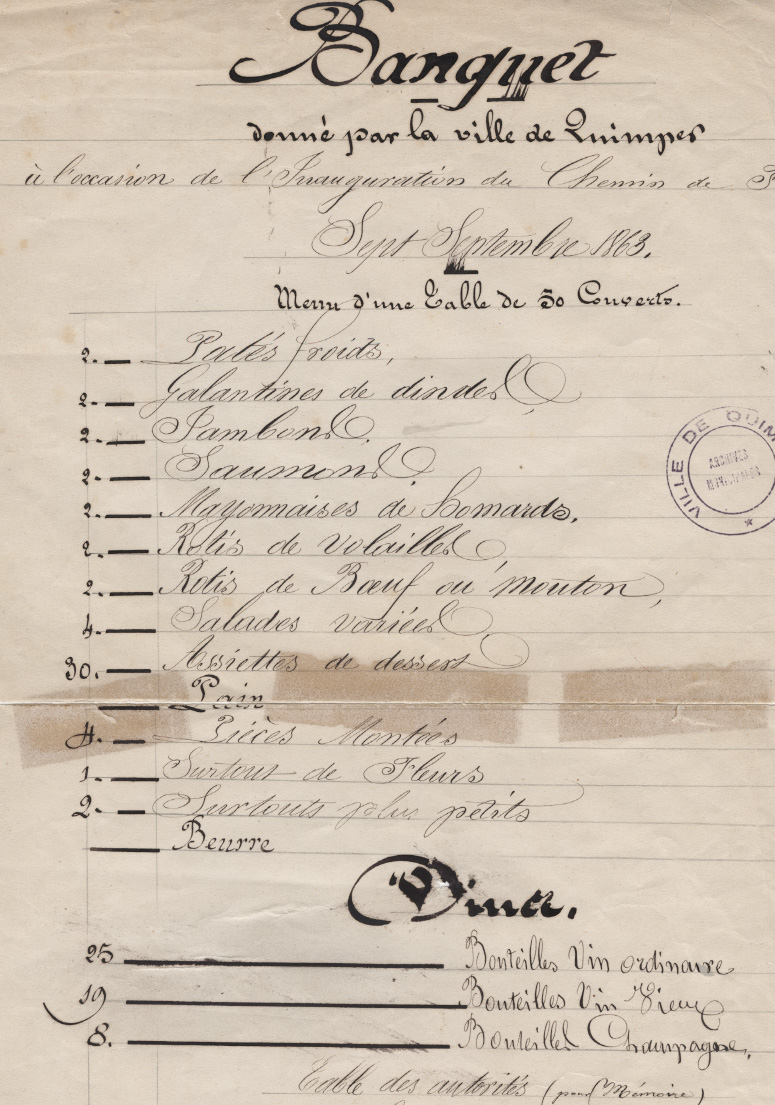 ArchivesQuimper's tweet photo. #BattleMenu On a retrouvé le menu du banquet donné par la @VilledeQuimper à l'occasion de l'inauguration du chemin de fer à #Quimper (avec du beurre bien sûr 🧈)... c'était il y a presque 160 ans ! 🚂
@TERBreizhGo @SNCF #jentendssifflerletrain https://t.co/lR3hBo3a9T