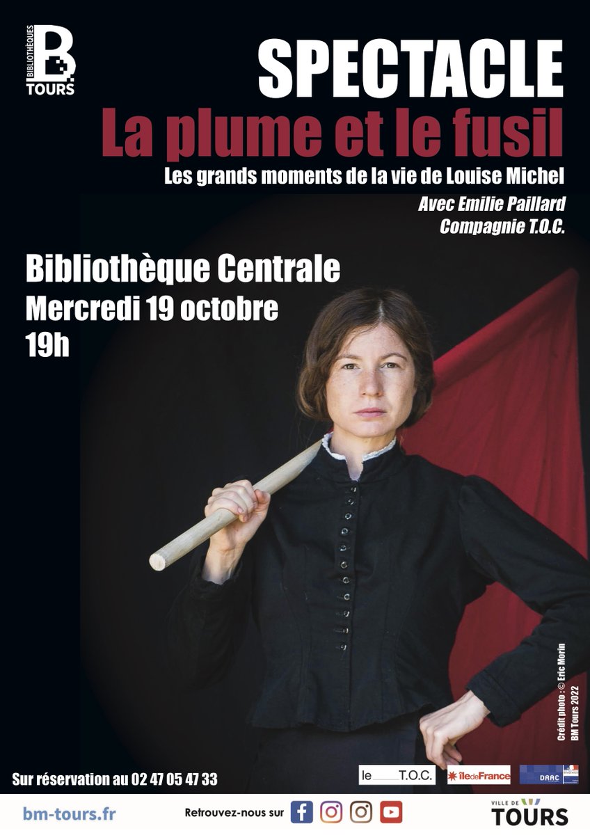 CompagnieTOC's tweet image. Mercredi 19 octobre à 19 h à la Bibliothèque Municipale de Tours nous présentons La Plume et le fusil, à partir des textes de Louise Michel avec @emiliepaillard
#tours, #bibliothèqueMunicipaledeTours,#louisemichel
facebook.com/events/1518587…