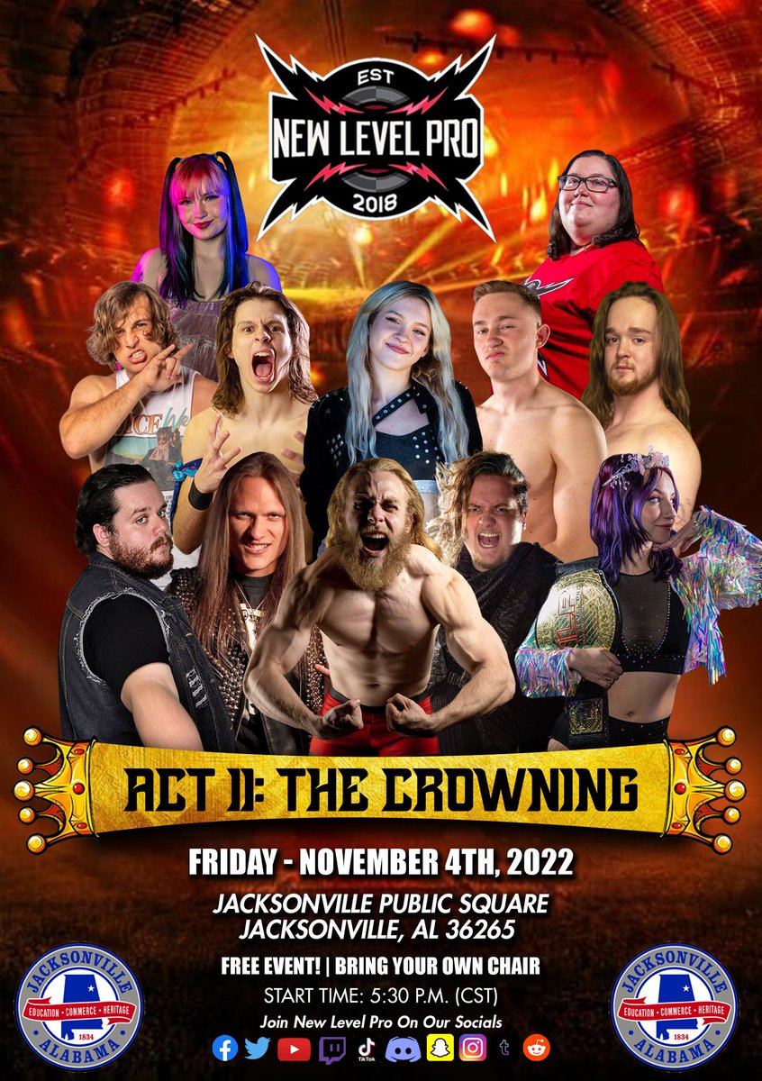 On Friday, November 4, New Level Pro presents the return of Act II: The Crowning! The action begins at 5:30 p.m. Bring a chair and join us on the Square in Jacksonville for this fun, free event!