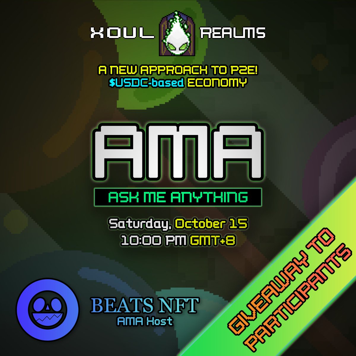 Beeeeaattss's tweet photo. What's up beats fam AMA with #XoulRealms at our discord server  Saturday, October 15 at 2PM UTC

XOUL REALMS is a side-scrolling skill-based play-to-earn pixel web game on Polygon that offers a retro-vibe gaming experience. https://t.co/Foz9hej3f0