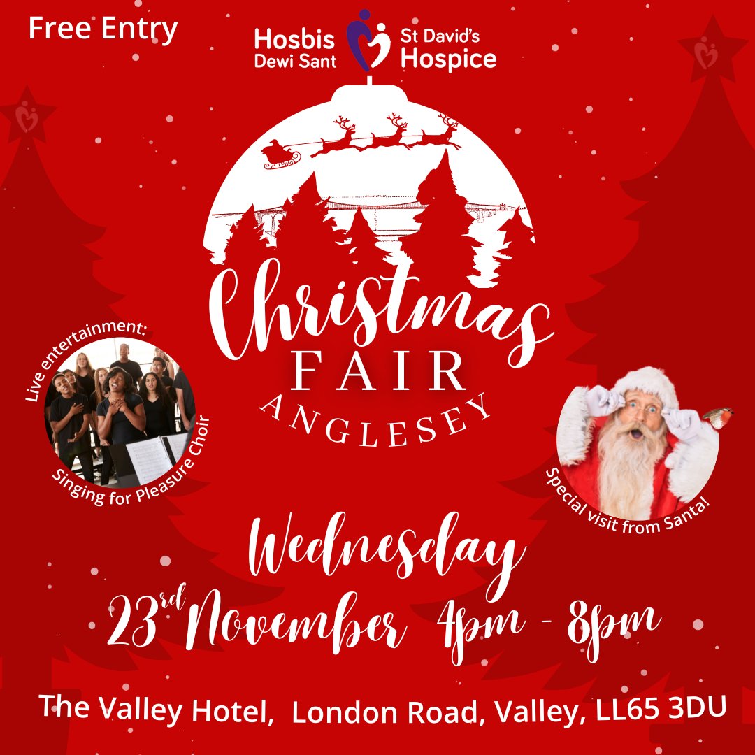 StDavidsHospice's tweet photo. ๐๐ป๐ด๐น๐ฒ๐๐ฒ๐ ๐๐ต๐ฟ๐ถ๐๐๐บ๐ฎ๐ ๐๐ฎ๐ถ๐ฟ
Join us and enjoy our St Davidโs Hospice Anglesey Christmas Fair.
๐ Wednesday, 23rd November
โฐ 4pm-8pm
๐ The Valley Hotel
๐ FREE entry for all
๐๐
#angleseyevents #anglesey #charityevents #christmasfair #stdavidshospice https://t.co/kJIEkEH6Yy