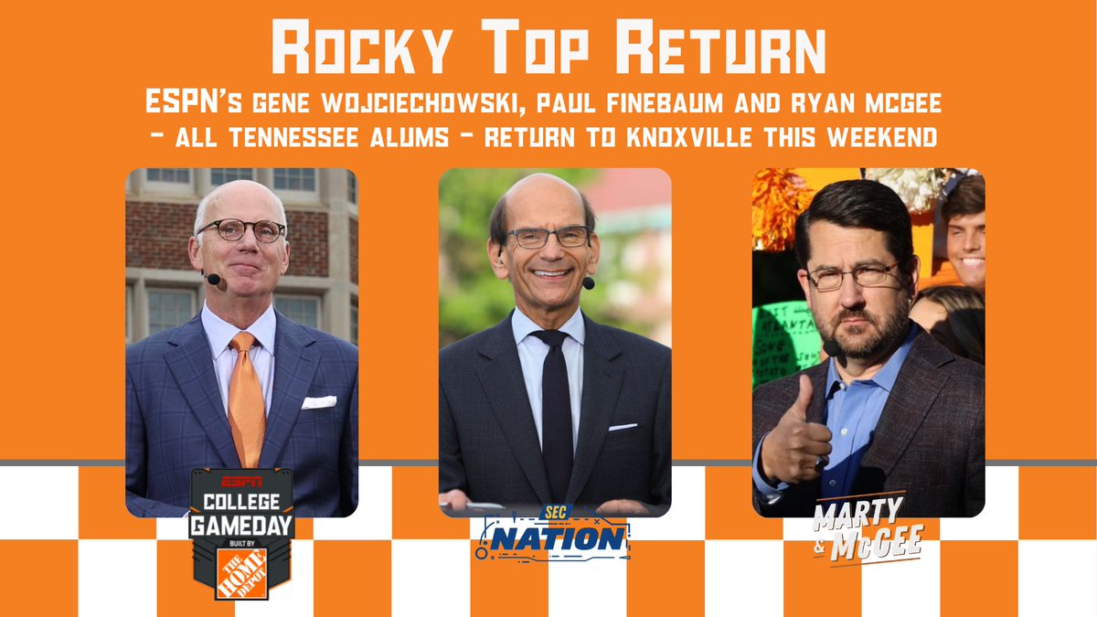bhofheimer_espn's tweet photo. With @CollegeGameDay and @SECNetwork's #SECNation and #MartyMcGee in Knoxville this weekend, a trio of ESPNers will be returning to their alma mater, @UTKnoxville: @GenoEspn @finebaum &amp; @ESPNMcGee.

🏈 Geno &amp; Ryan are also part of a special event at the student union today https://t.co/6NBc3x9mbs