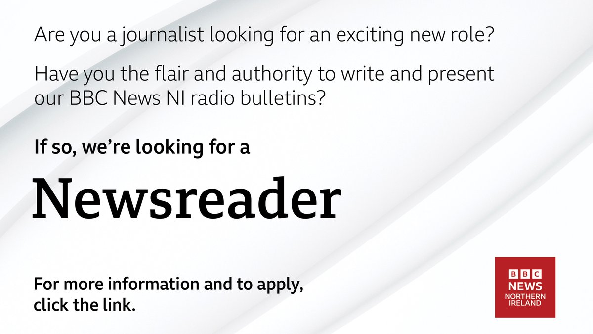 BBCNewsNI's tweet photo. 🚨 BBC News NI is looking for a dynamic and creative journalist, who will write and present our radio news bulletins 🚨

⬇️ Find out more here ⬇️
https://t.co/hLCQSEIrXw https://t.co/7NtnUArSHz