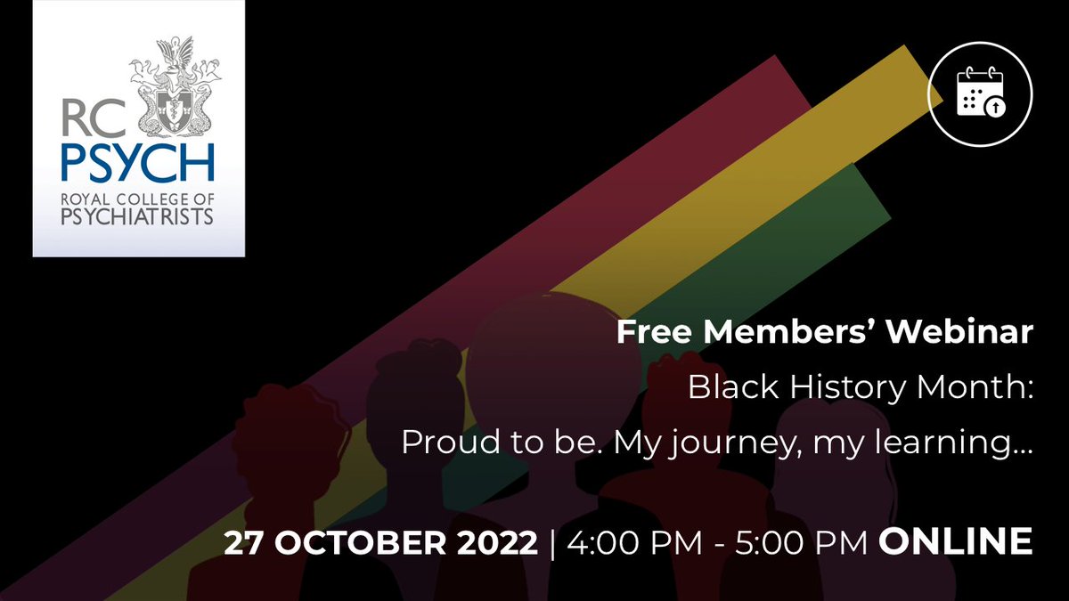 As part of our celebrations for Black History Month #BlackHistoryMonth, we would like to invite you to our #RCPsychLIVE webinar ‘Black History Month: Proud to be. My journey, my learning…’ taking place on Thursday 27 October, 4.00-5.00pm. Register here: bit.ly/3rK0ptF