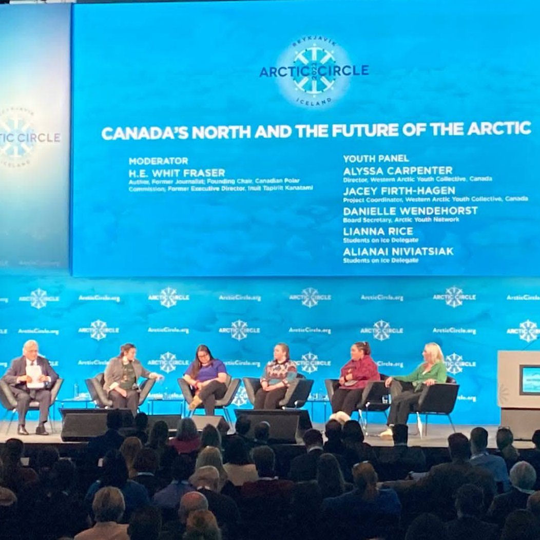 TheGordonFdn's tweet photo. Youth panelists discussing Canada's North and the future of the Arctic, including @ditttalou of @waycwaycwayc &amp; @GlasscoFellows, spoke about the ongoing impacts of trauma among youth and bringing such important conversations to conferences like #ArcticCircle2022 #NorthernVoices https://t.co/wwSovrcN7z