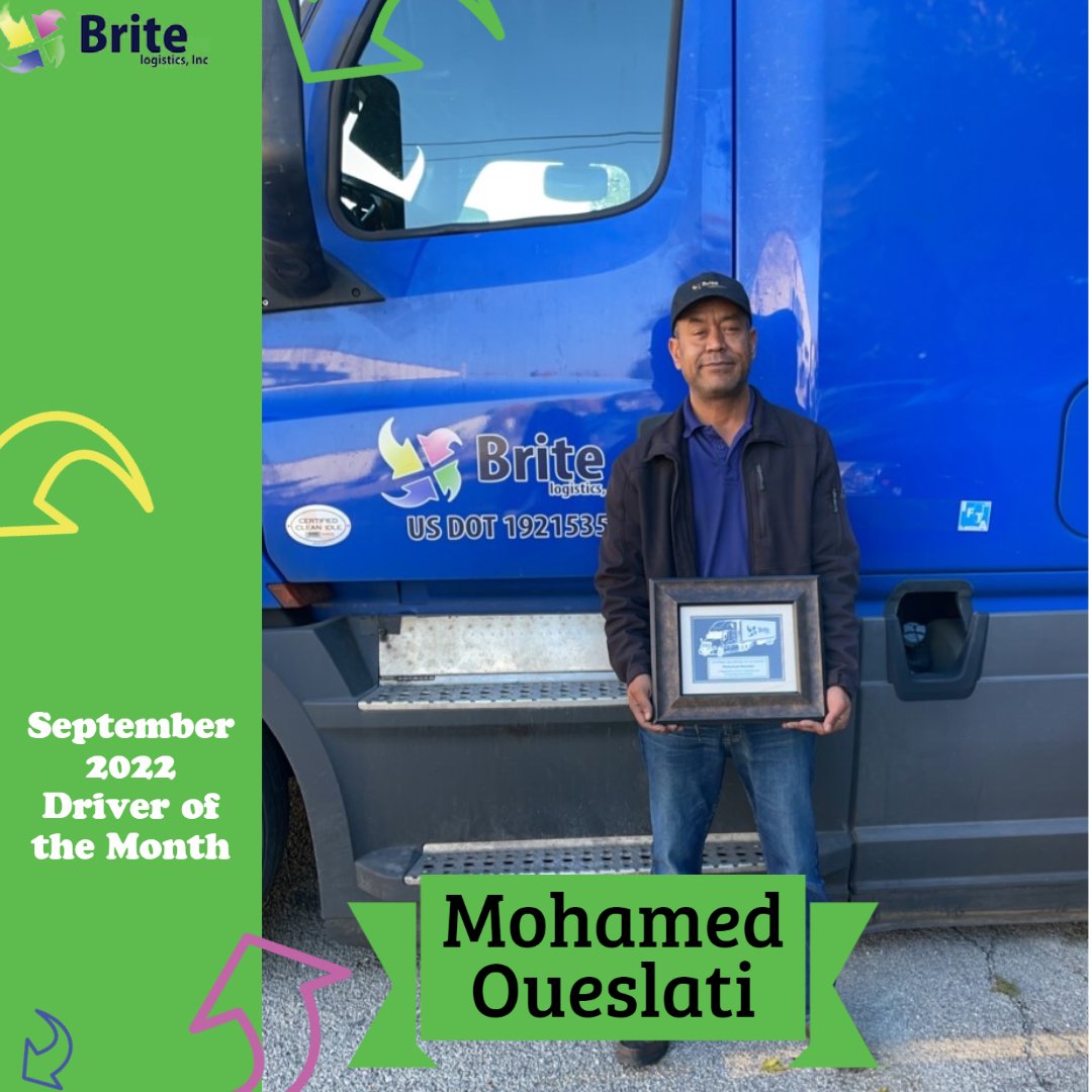 BriteLogistics's tweet photo. The votes are in and our September driver of the month award goes to Mohamed Oueslati! Mohamed has been a truck driver since  2017 and has been driving with Brite for 4 years! 🙌 We are so lucky to have him and we look forward to many more wonderful years working together! https://t.co/6qFyFda1fd