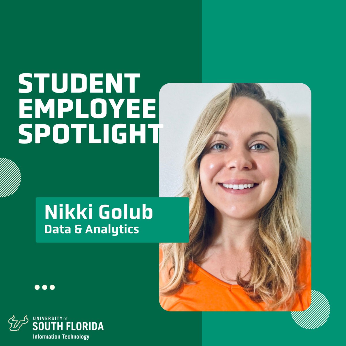 USF_IT's tweet photo. Our spotlight this week goes to Nikki Golub! She recently worked as a graduate assistant on our Data and Analytics team where she designed learning content and graphics for our Data Literacy initiative. We're excited to say Nikki recently accepted a permanent role with IT! https://t.co/MEroTlqRFw