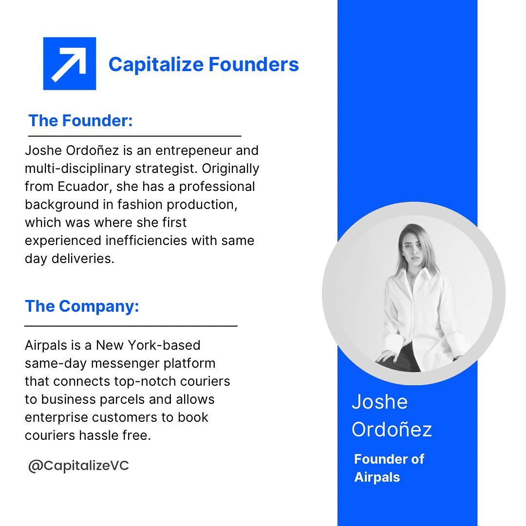 Our portfolio company @Airpals is founded by Joshe Ordoñez, an Ecuador native. Airpals connects top-notch couriers to business parcels and allows for hassle-free couriers booking. We pride ourselves in supporting diverse founders.
 #foundersfridays #capitalizefounders