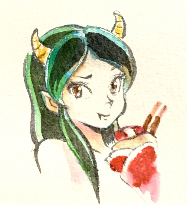 #1日1ラクガキ #うる星やつら の新作アニメを観てて、ラムちゃんがクレープ食べるシーンでヒヤッとしたのは俺だけじゃないはず。良かった‥‥おや?って顔してくれて本当にホッとした。唯一文句つけるポイントは初期ラムと顔が違うとこだな!(嘘) 
