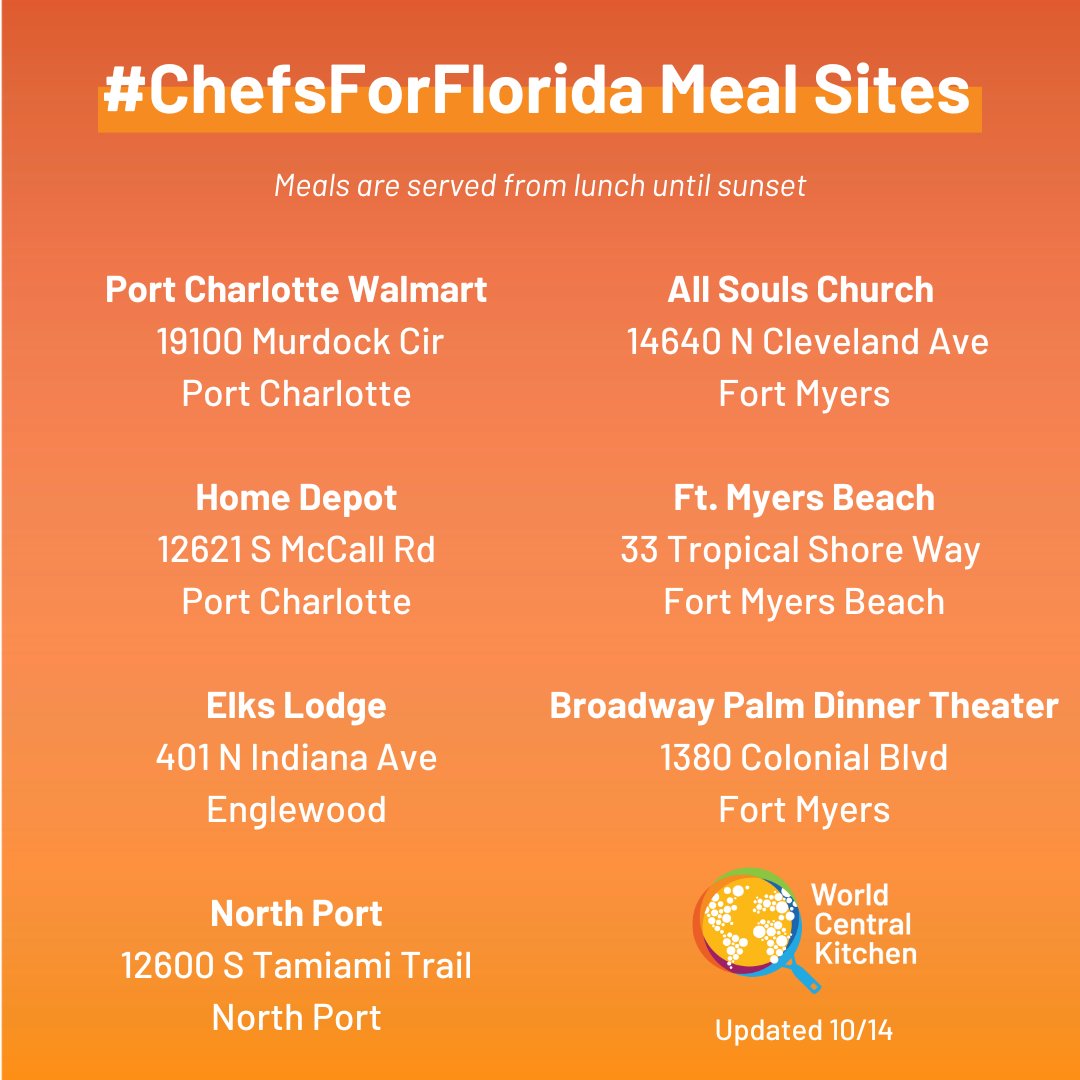 UPDATE on WCK’s #ChefsForFlorida meal sites: Community members can stop by the following locations for free meals—continue to follow us for future updates! Please note the Ocean Church site in Cape Coral will be replaced with All Souls Church in Fort Myers starting today 10/14.