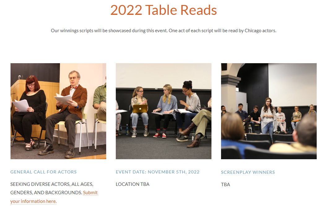 chicagocomedyfilmfestival.com/2022-table-rea…

ACTORS we need you. Great chance to keep sharp with your craft, connect with industry leaders and learn! 

Many future opportunities coming. Love to have you as part of our community! 

#chicagoacting #tablereads #actorslife
