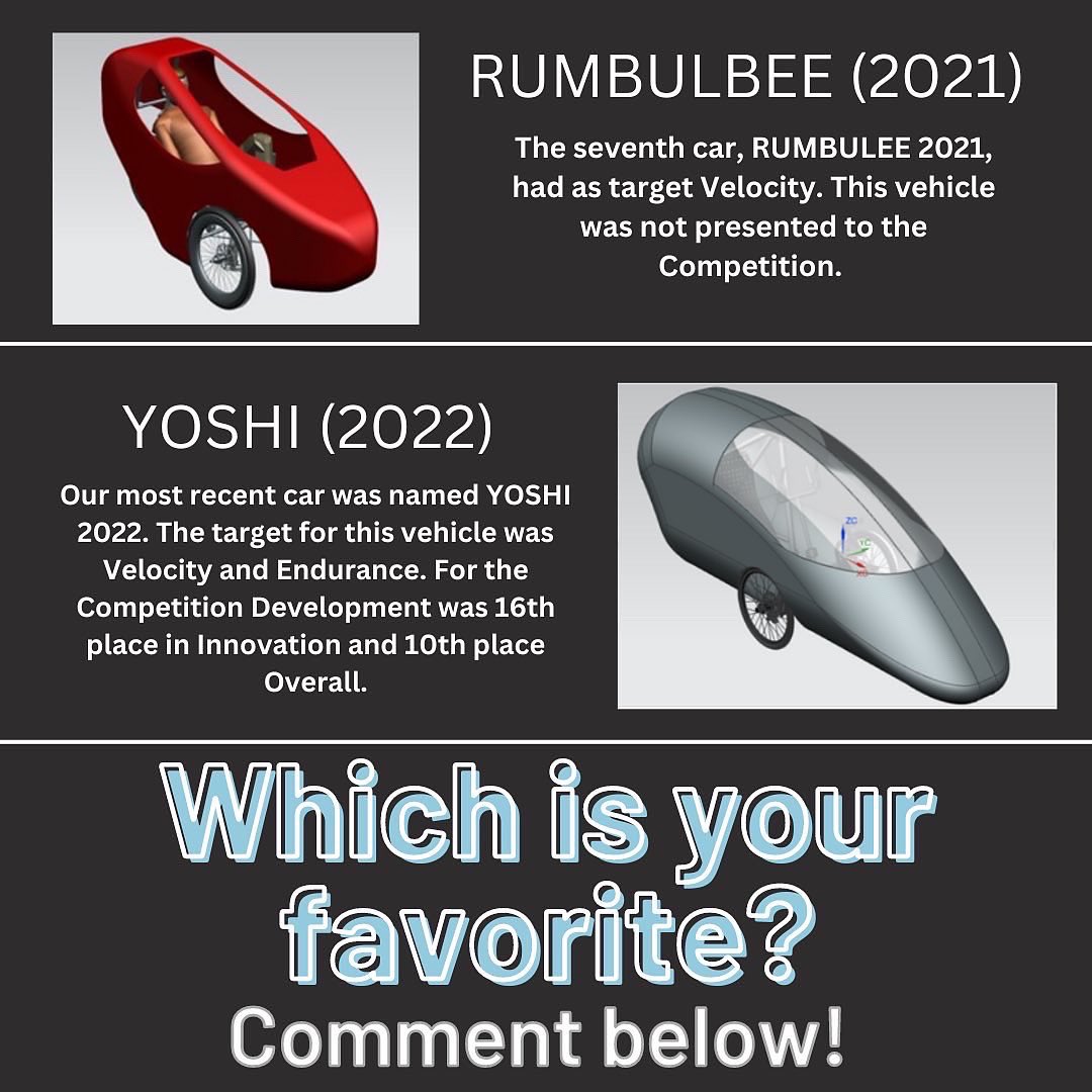 HpvcUprm's tweet image. Here is a small overview of our teams trajectory during the years. From our first car we built as a team, the VELOCI-D, in 2014 to the most recent we designed, YOSHI, in 2022. Check out our full post on Instagram and Facebook!  
#uprm  #hpvcuprm #ehpvc