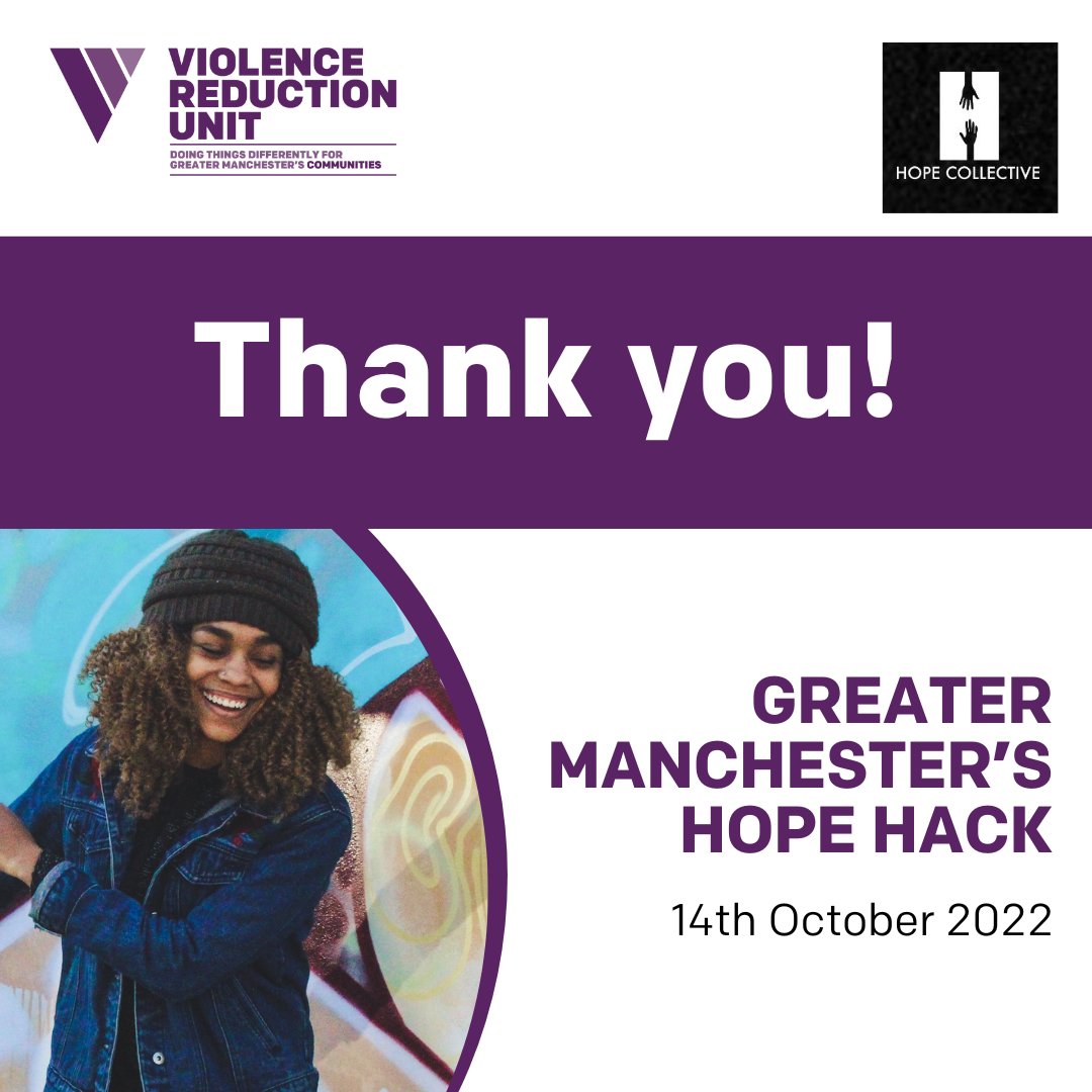 Greater Manchester Violence Reduction Unit (@gm_vru) on Twitter photo Thank you to all involved and everyone that attended todayās Hope Hack event!
#GMHopeHack
<a href="/HopeCollective2/">THE HOPE COLLECTIVE</a> <a href="/Kingcanners/">Paul Canoville</a> <a href="/iampatrickhutch/">Patrick Hutchinson</a> <a href="/ali_cope/">Alison Cope</a> <a href="/84Youth/">84YOUTH</a> <a href="/StreetGames/">StreetGames</a> <a href="/OasisHubOldham/">Oasis Hub Oldham</a> <a href="/gmpolice/">Greater Manchester Police</a> <a href="/MayorofGM/">Mayor of Greater Manchester</a> <a href="/DeputyMayorofGM/">Deputy Mayor for Safer and Stronger Communities</a> <a href="/42ndStreetmcr/">42nd Street</a> <a href="/breakbarriers/">Breaking Barriers</a> <a href="/GM_Challenger/">Programme Challenger</a> <a href="/Hitch_ed/">Hitch Marketing</a> Thank you to all involved and everyone that attended todayās Hope Hack event!
#GMHopeHack
<a href="/HopeCollective2/">THE HOPE COLLECTIVE</a> <a href="/Kingcanners/">Paul Canoville</a> <a href="/iampatrickhutch/">Patrick Hutchinson</a> <a href="/ali_cope/">Alison Cope</a> <a href="/84Youth/">84YOUTH</a> <a href="/StreetGames/">StreetGames</a> <a href="/OasisHubOldham/">Oasis Hub Oldham</a> <a href="/gmpolice/">Greater Manchester Police</a> <a href="/MayorofGM/">Mayor of Greater Manchester</a> <a href="/DeputyMayorofGM/">Deputy Mayor for Safer and Stronger Communities</a> <a href="/42ndStreetmcr/">42nd Street</a> <a href="/breakbarriers/">Breaking Barriers</a> <a href="/GM_Challenger/">Programme Challenger</a> <a href="/Hitch_ed/">Hitch Marketing</a>