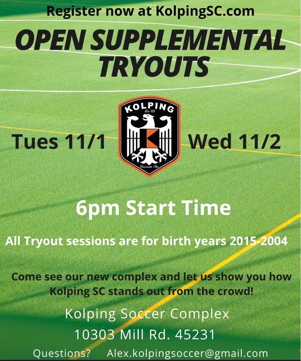 Kolping SC is holding supplemental tryouts November 1st and 2nd for all age groups and both boys and girls! It’s never too early or late to register. Go to kolpingsc.com and register your athlete now!