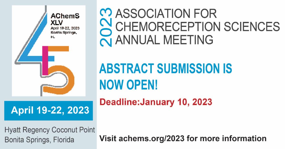 AChemS (@achemsinfo) on Twitter photo #AChemS2023 ABSTRACT SUBMISSION NOW OPEN! Submit an abstract and present your research at the preeminent international chemosensory meeting achems.org/2023/abstracts…
conta.cc/3ThYQ1Q #AChemS2023 ABSTRACT SUBMISSION NOW OPEN! Submit an abstract and present your research at the preeminent international chemosensory meeting achems.org/2023/abstracts…
conta.cc/3ThYQ1Q