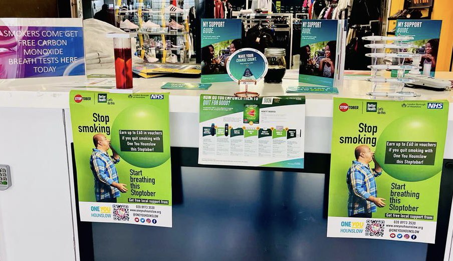 HounslowHealthy's tweet photo. Drop by for your FREE pen, keyring and carbon monoxide breath test until 6pm in the Treaty Centre in #Hounslow today! (Friday) #StopSmoking #GoSmokefree #QuitWithUs https://t.co/iv5lsMfb94