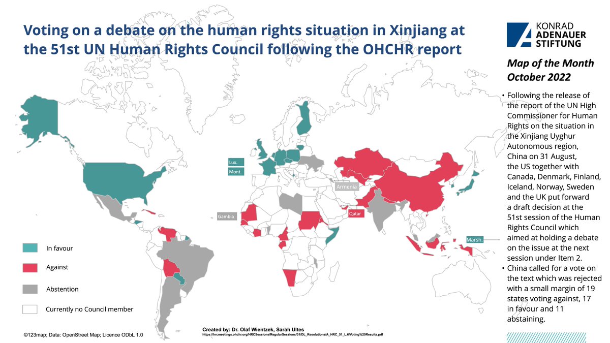 Our new map of the month - this time on the #HRC51 - is online! Depicting the votes on #Xinjiang #Russia #Venezuela #Ethiopia #Afghanistan and the new composition of the Human Rights Council in 2023: kas.de/en/web/multila…