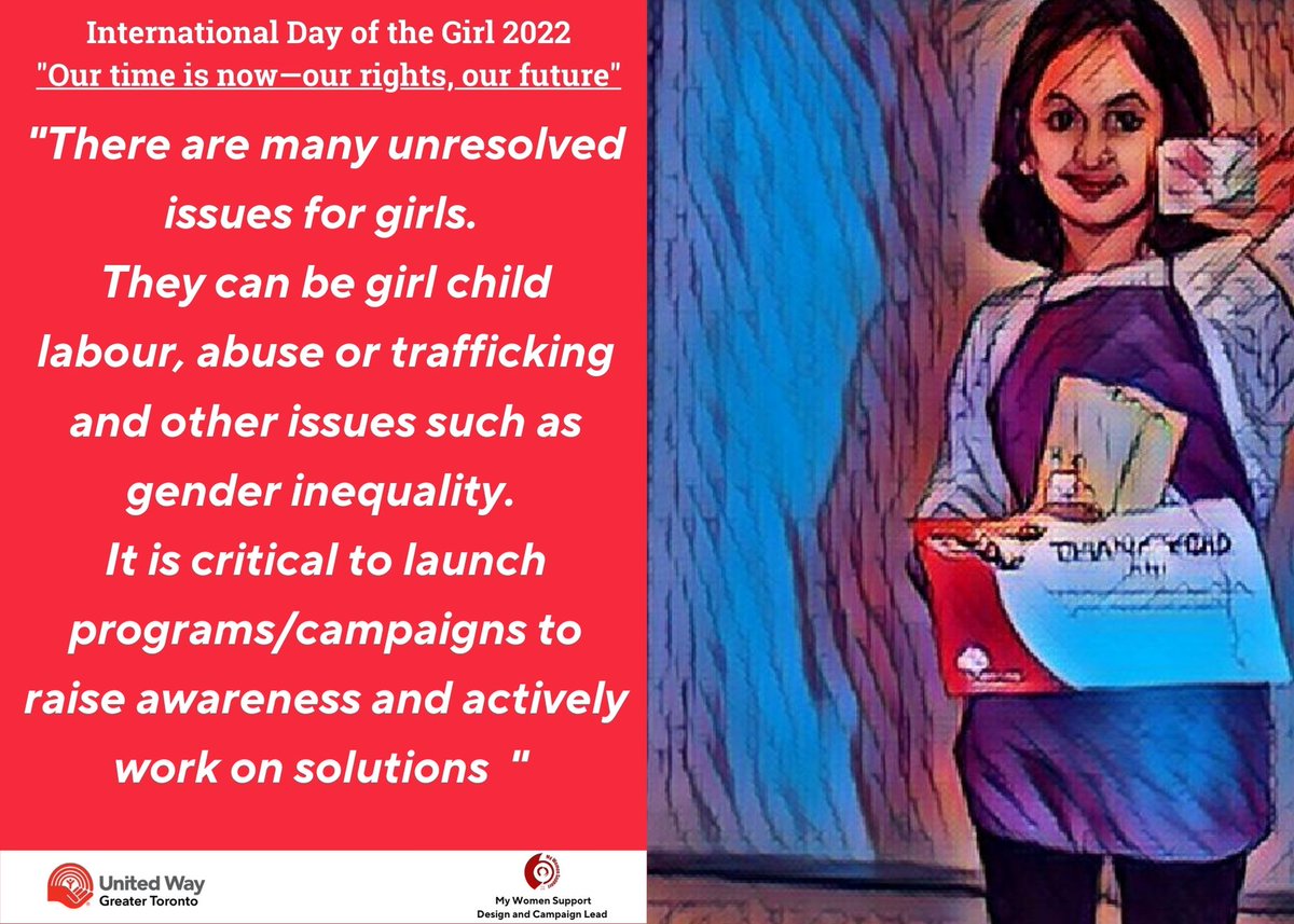 Globally the majority of individuals identified as affected by domestic violence, perpetration and human trafficking are women and girls.
Domestically ,Violence and Human Trafficking are issues we need to tackle.
#DayOfTheGirl #IDG2022 
<a href="/UWGreaterTO/">United Way Greater Toronto</a>