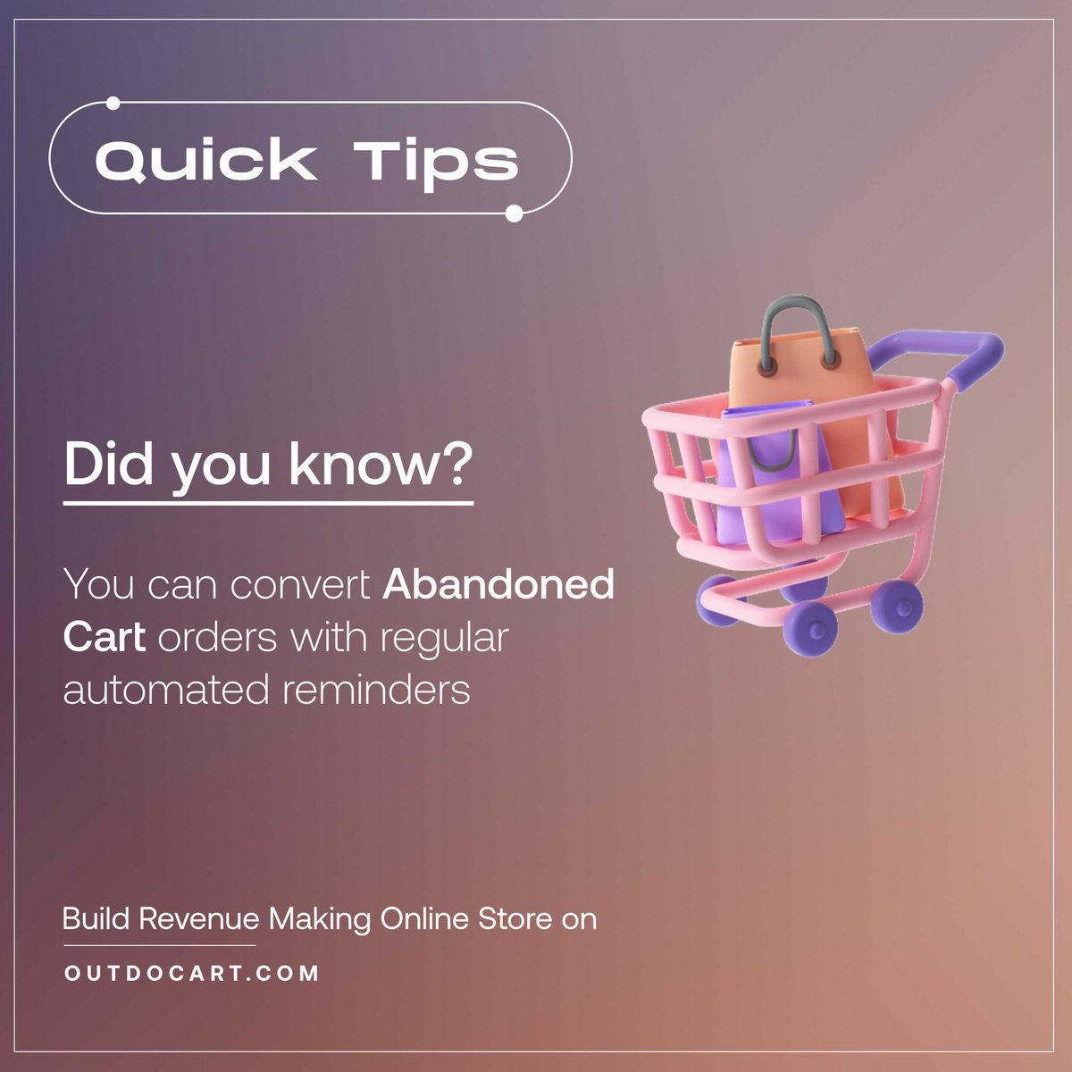 outdocart's tweet photo. #Quick #Tips For #Ecommerce

Did you know?

You can convert Abandoned Cart orders with regular automated reminders ✋
.
Build Revenue Making Online Store on https://t.co/eJFcn1FcMX!
.
Follow/Like @outdocart to get more such tips. https://t.co/wr26E447hL