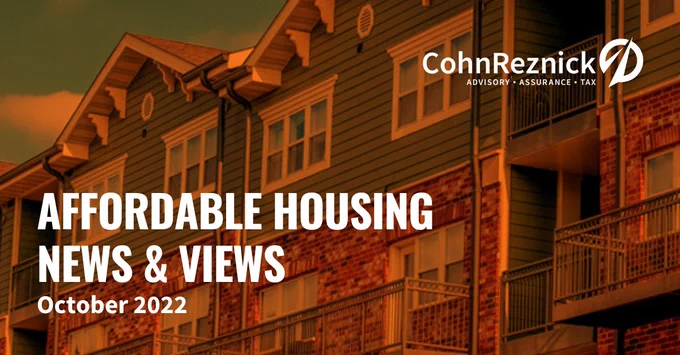 A row of townhouses, with an orange overlay. The text reads Affordable Housing News and Views, October 2022.