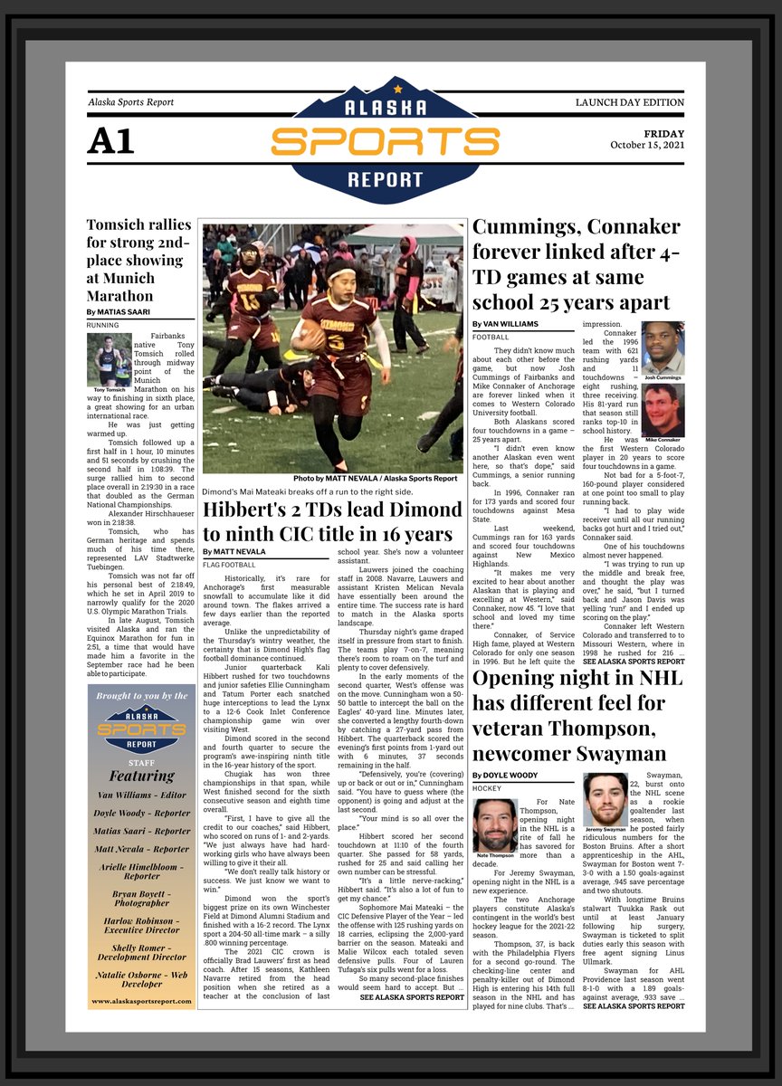 Today marks the first anniversary of the Alaska Sports Report. We've taken a side hustle and established a go-to news source, thanks to our tireless staff:

Van Williams
Doyle Woody
Matt Nevala
Matias Saari
Bryan Boyett
Arielle Himelbloom
Harlow Robinson

Ceremonial Day 1 cover⬇️