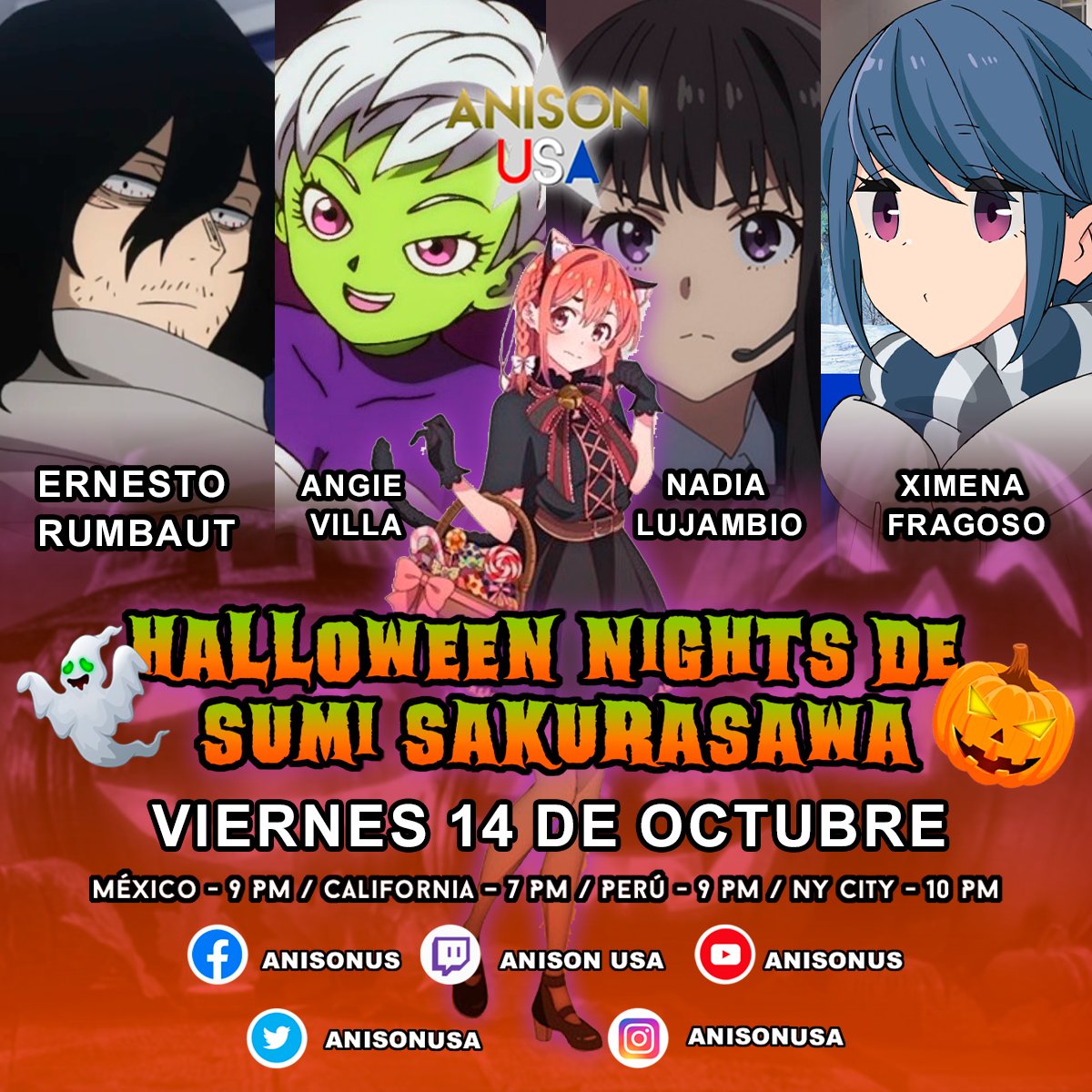 anisonusa's tweet photo. ESTA NOCHE EN ANISON USA!!!
ANISON USA HALLOWEEN NIGHT DE SUMI SAKURASAWA (POLLY HUERTA)
Facebook live de Anison US link: https://t.co/lYmtFCvVjf 
YouTube Channel Anison USA link:
https://t.co/LaDEyrEXNG
Twitch Channel Anison USA Link:
https://t.co/j87M4nDsmb https://t.co/dwtqLXU68B