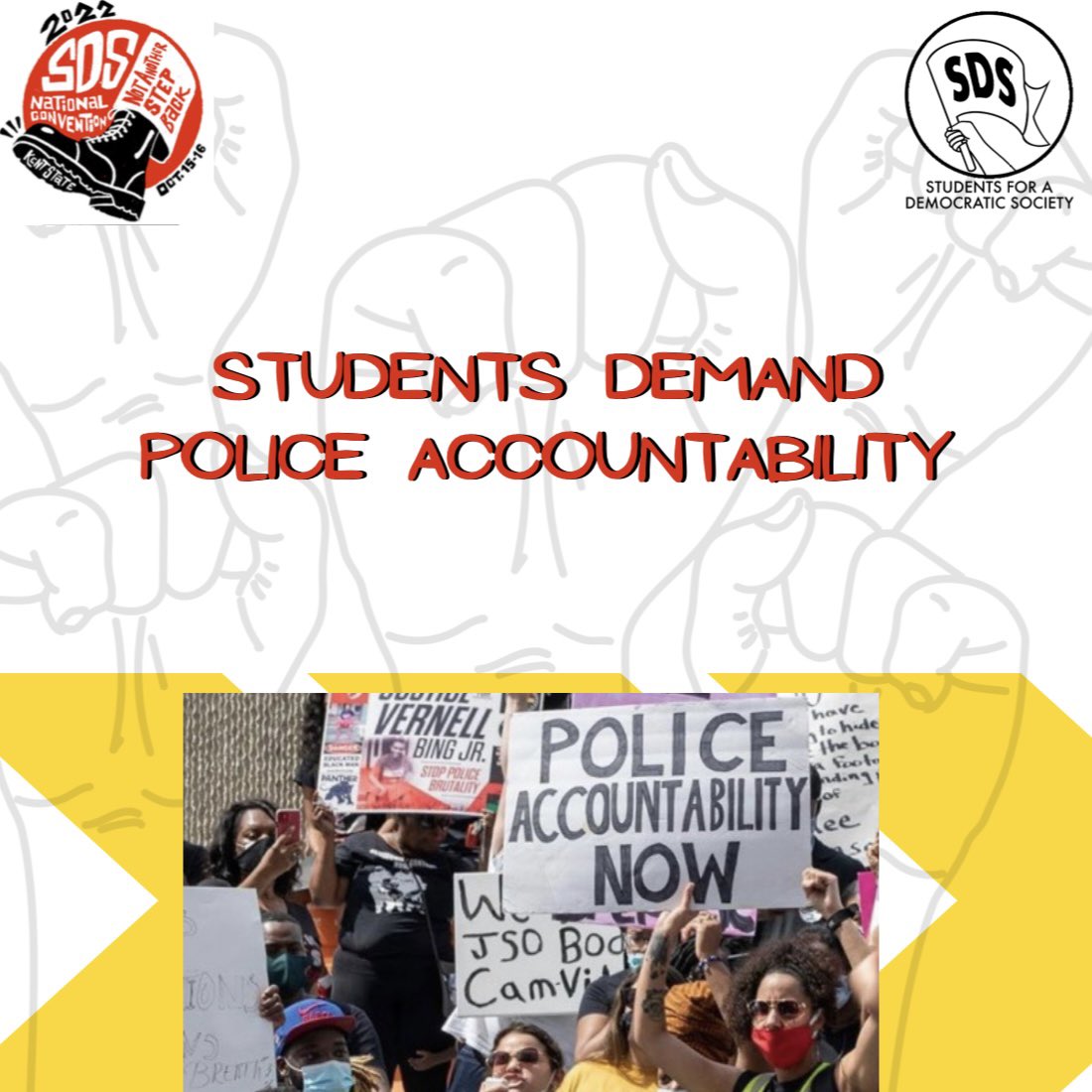 Our third Pre-Convention highlight is on the “Students Demand Police Accountability” plenary.

SDS has been dedicated to demanding justice for victims of police violence &amp; fighting for community control of the police, especially after the #GeorgeFloyd Uprising!

#SDSNattyCon