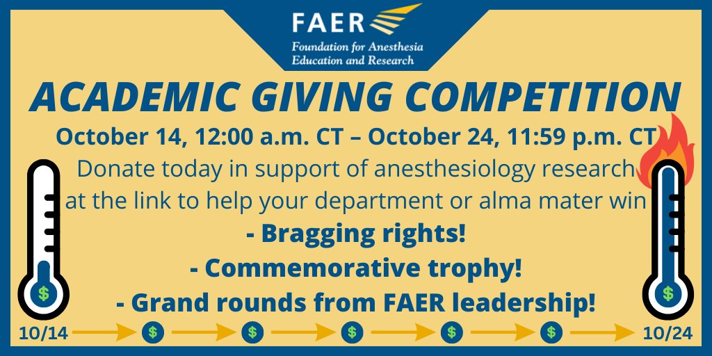 FAERanesthesia's tweet photo. FAER’s inaugural Academic Giving Competition is officially underway!🥳

Support #anesthesiology's future researchers &amp; help the 18 participating departments win fabulous prizes with a donation @ the link!

Learn more &amp; donate: https://t.co/sfM1ri6sEE

#FAERagc #TheFutureIsFAER https://t.co/9u1ZjpfJMU