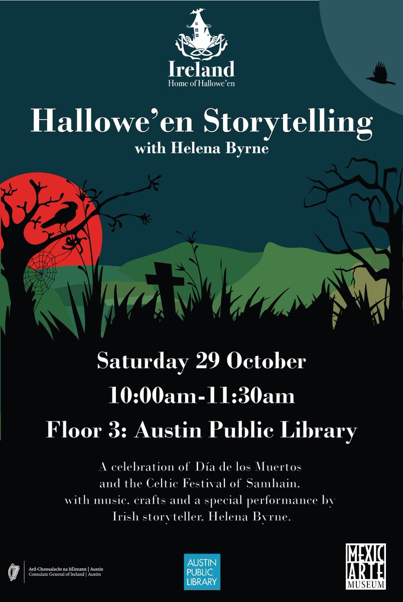 Te invitamos @AustinPublicLib el Sábado 29 de Octubre a las 11:00am como parte del @Mexic_Arte Viva La Vida Festival a un programa especial con la cuentacuentos Irlandesa Helena Byrne, que nos contará historias sobre las raíces Celtas de Halloween y el Día de Muertos.🎃💀